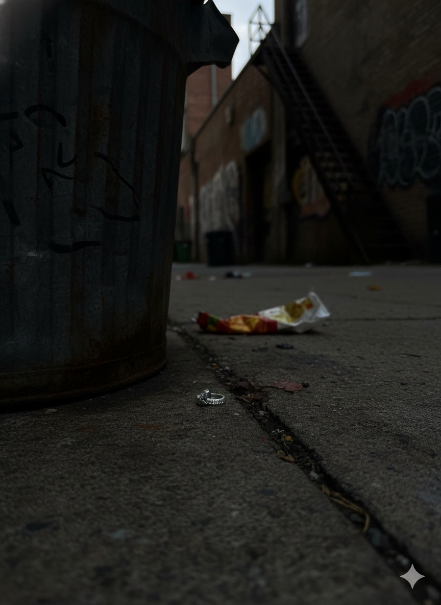 Trash can with graffiti on a sidewalk next to a littered area.
